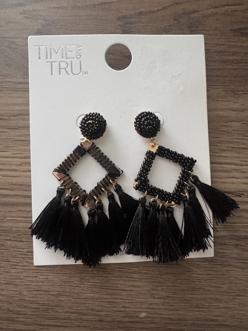 Time and Tru Black Beaded Square Tassel Drop Earrings